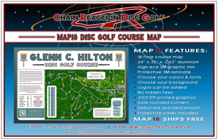 Chain Reaction Disc Golf's Map18 Course Map & Rules Sign for 9-hole disc golf courses. Cover included.