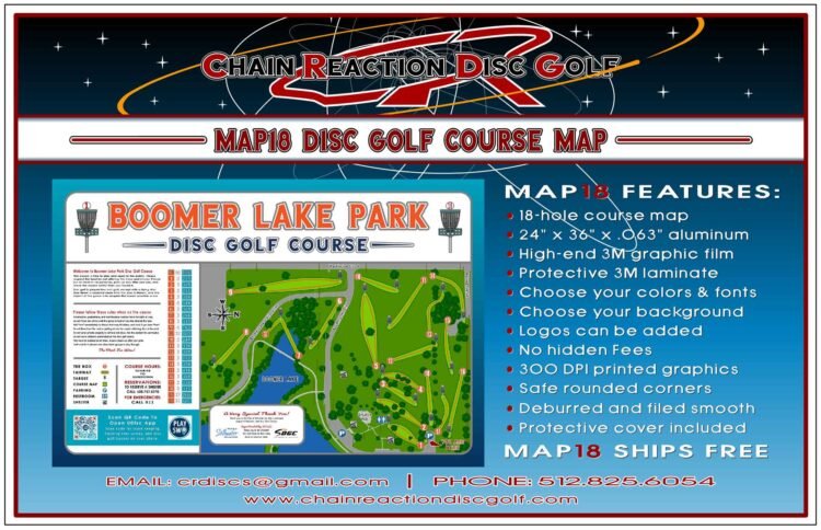 Chain Reaction Disc Golf's Map18 Course Map & Rules Sign for 9-hole disc golf courses. Cover included.