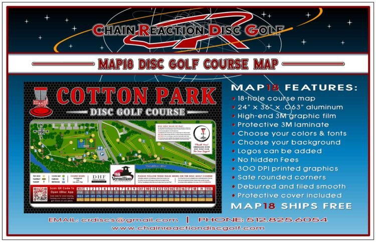 Chain Reaction Disc Golf's Map18 Course Map & Rules Sign for 18-hole disc golf courses. Cover included.