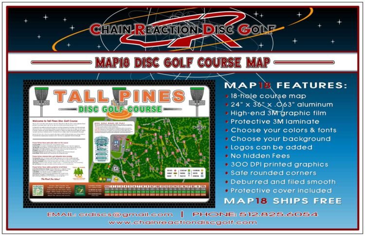 Chain Reaction Disc Golf's Map18 Course Map & Rules Sign for 18-hole disc golf courses. Cover included.