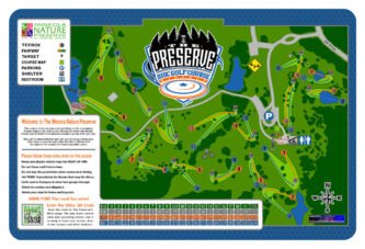 Chain Reaction Disc Golf's Map18 Course Map & Rules Sign for 9-hole disc golf courses. Cover included.
