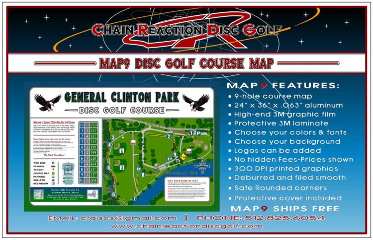 Chain Reaction Disc Golf's Map18 Course Map & Rules Sign for 9-hole disc golf courses. Cover included.