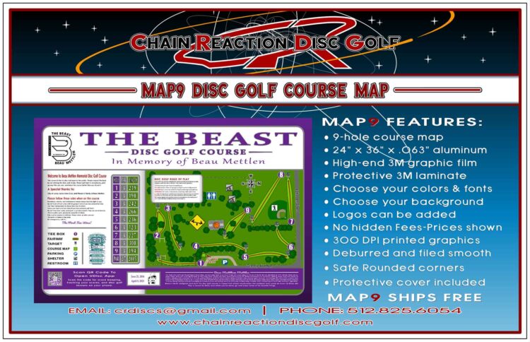 Chain Reaction Disc Golf's Map9 Course Map & Rules Sign for 9-hole disc golf courses. Cover included.