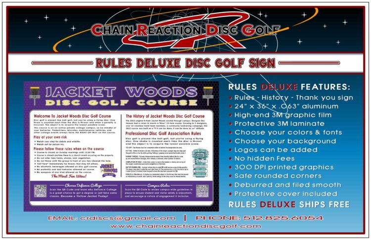 Chain Reaction Disc Golf's Rules Deluxe Sign for disc golf courses. Cover Included.