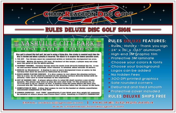 Chain Reaction Disc Golf's Rules Deluxe Sign for disc golf courses. Cover Included.
