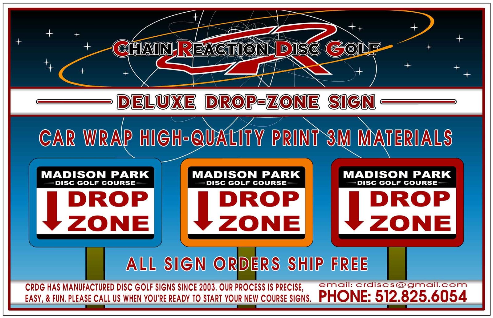 Chain Reaction Disc Golf Custom Printed Drop Zone Sign for disc golf courses.