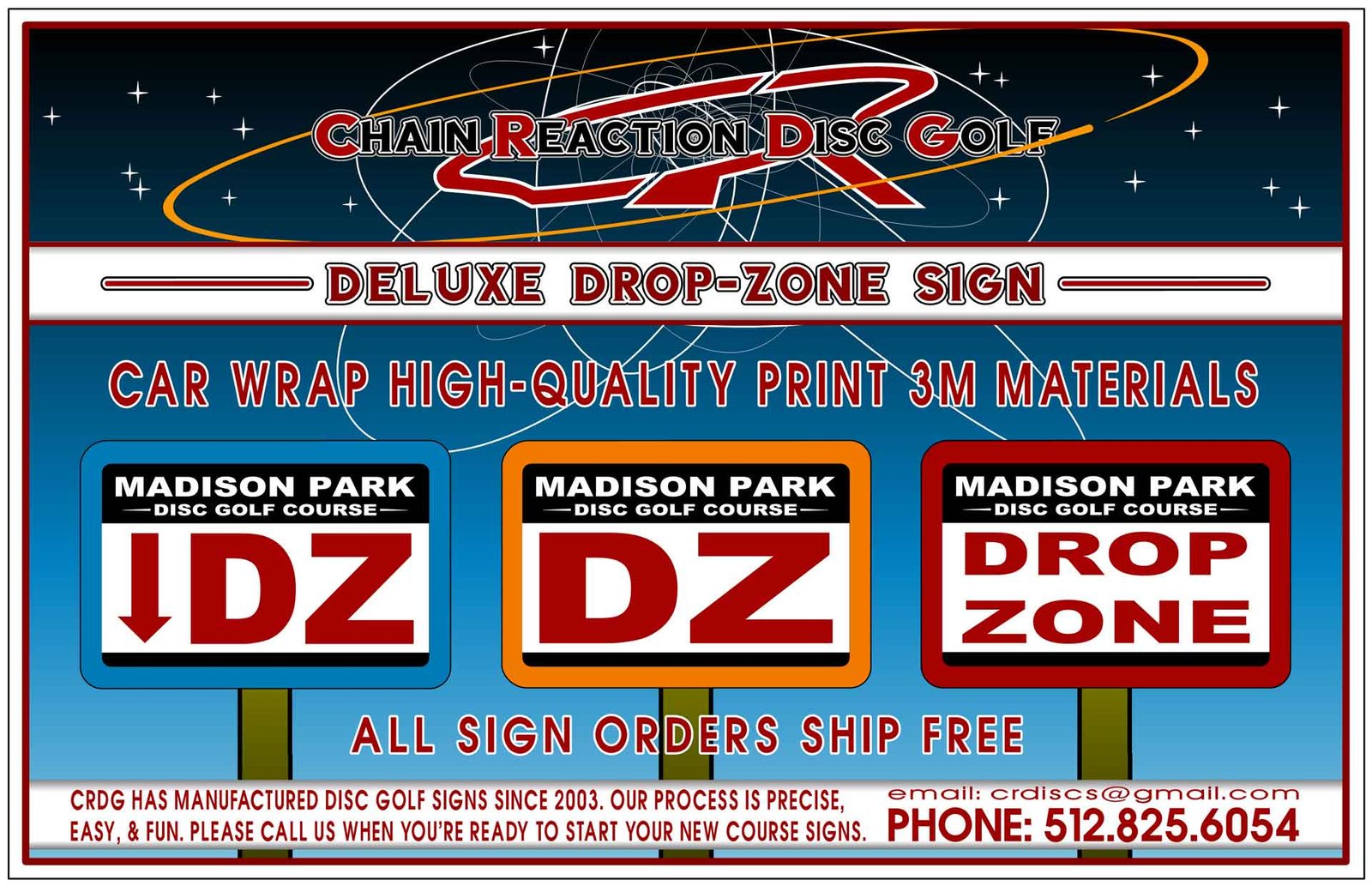 Chain Reaction Disc Golf Custom Printed Drop Zone Sign for disc golf courses.