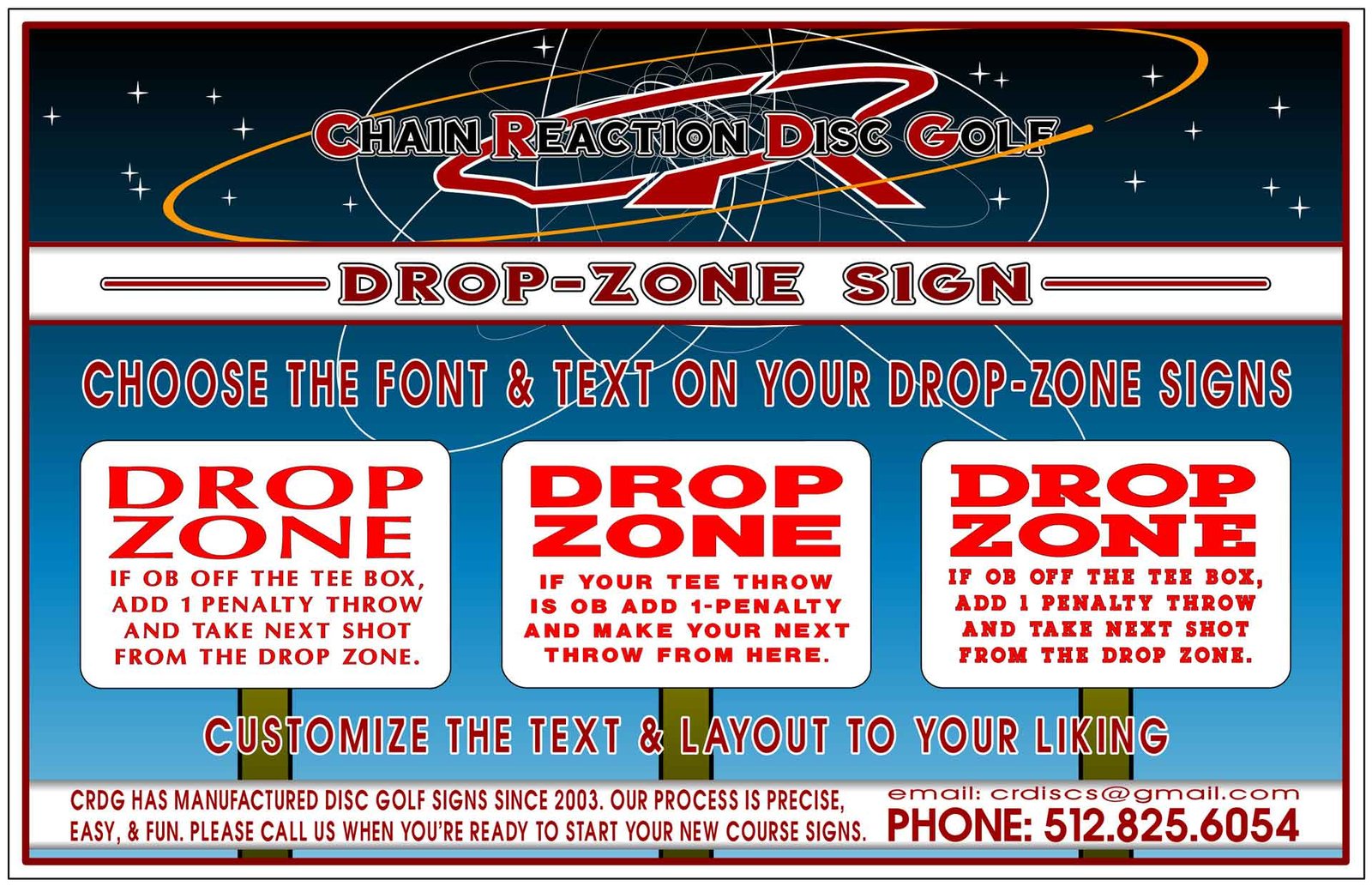 Chain Reaction Disc Golf Custom Drop Zone Sign for disc golf courses.