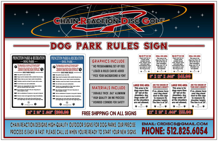 Chain Reaction Disc Golf's Dog Park Rules Sign. All sizes.