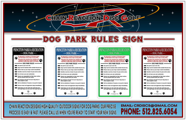 Chain Reaction Disc Golf's Dog Park Rules Sign. Large size.