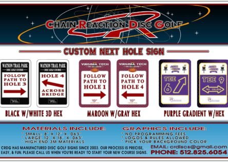 Chain Reaction Disc Golf's Custom Next Hole Sign.