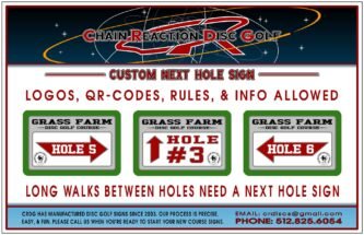 Chain Reaction Disc Golf's Deluxe Next Hole Sign for disc golf courses.