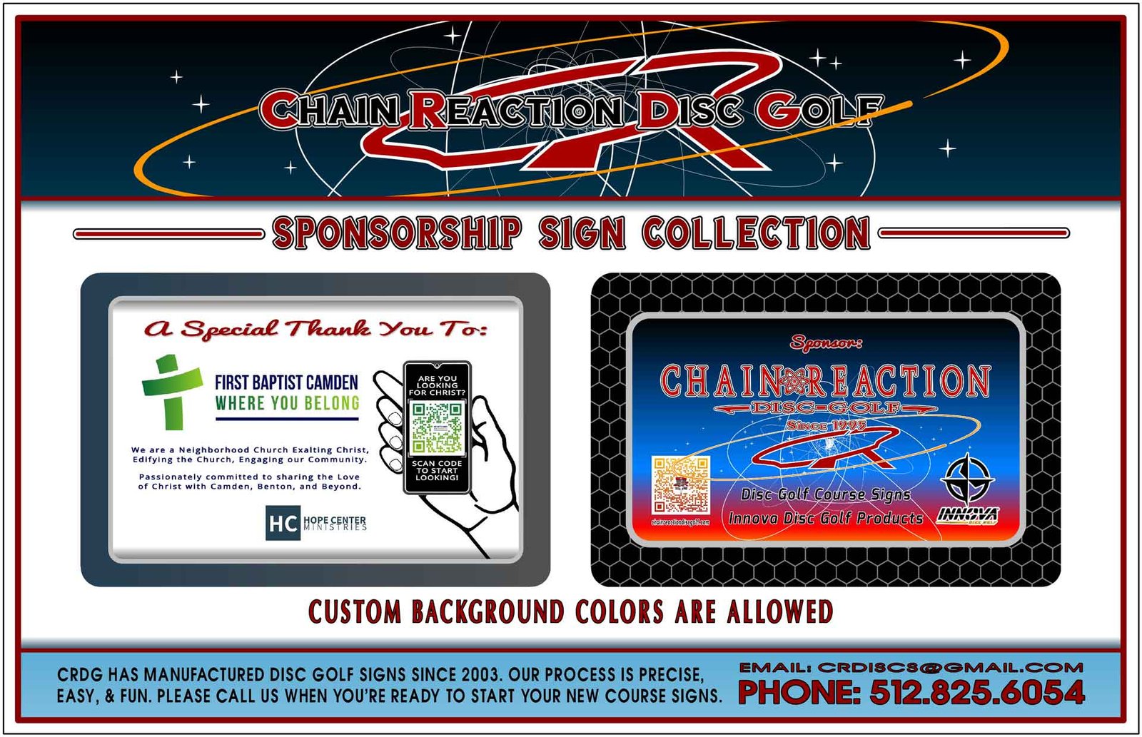 Chain Reaction Disc Golf's Disc Golf Sponsor Sign Banner for Disc Golf Courses.
