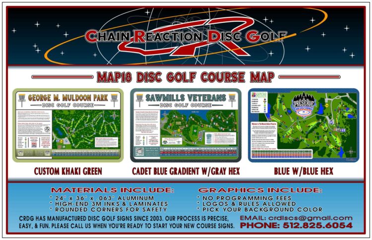 Chain Reaction Disc Golf's Map18 Course Map & Rules Sign for 18-hole disc golf courses. Cover included.