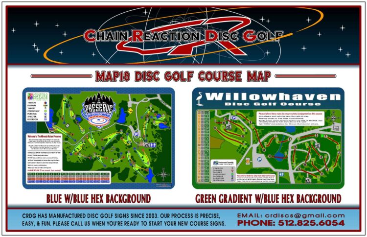 Chain Reaction Disc Golf's Map18 Course Map & Rules Sign for 18-hole disc golf courses. Cover included.