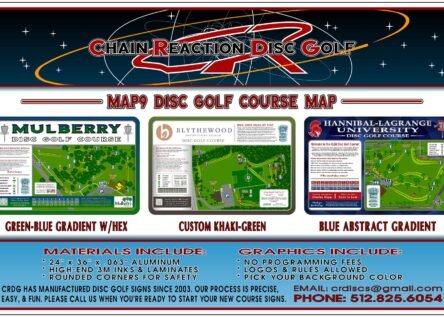 Chain Reaction Disc Golf's Map9 Course Map & Rules Sign for 9-hole disc golf courses. Cover included.