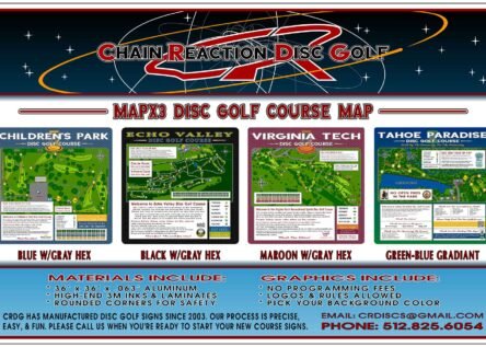 Chain Reaction Disc Golf's MapX3 Course Map & Rules Sign for 18-27 hole disc golf courses. Cover included.