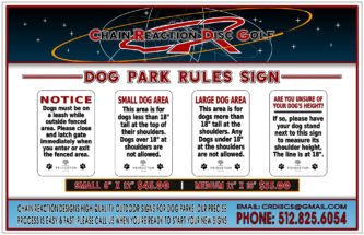 Chain Reaction Disc Golf's Dog Park Rules Sign. Small size.
