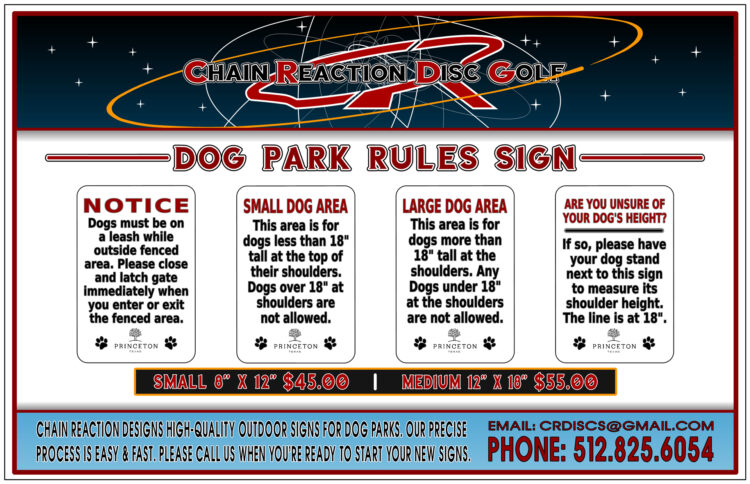 Chain Reaction Disc Golf's Dog Park Rules Sign. Small size.