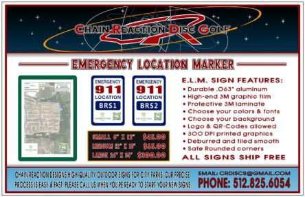 Chain Reaction Disc Golf's Emergency Location Marker Sign for city parks and trails.