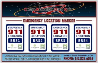Chain Reaction Disc Golf's Emergency Location Marker Sign for city parks and trails.