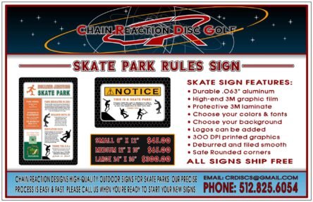 Chain Reaction Disc Golf's Skate Park Rules Sign for skate park courses.
